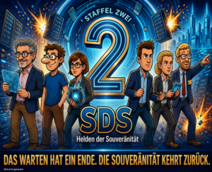 Gezeichnete Personen mit einer großen 2 in der Mitte zur Ankündigung der 2. Staffel der Veranstaltungsreihe Souverän.Digital.Sozial