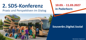 Menschen vor einem Bus im Cartoon-Stil